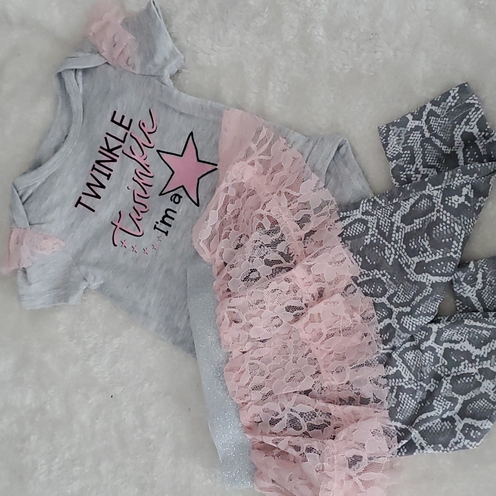 Pink Velvet, gray with pink lace 2 pieces pants infant set.